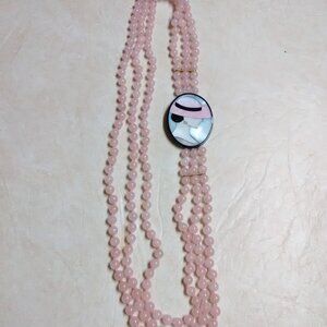 Art Deco pink glass beads ( maybe quartz? ) 3 strand pendant necklace excellent